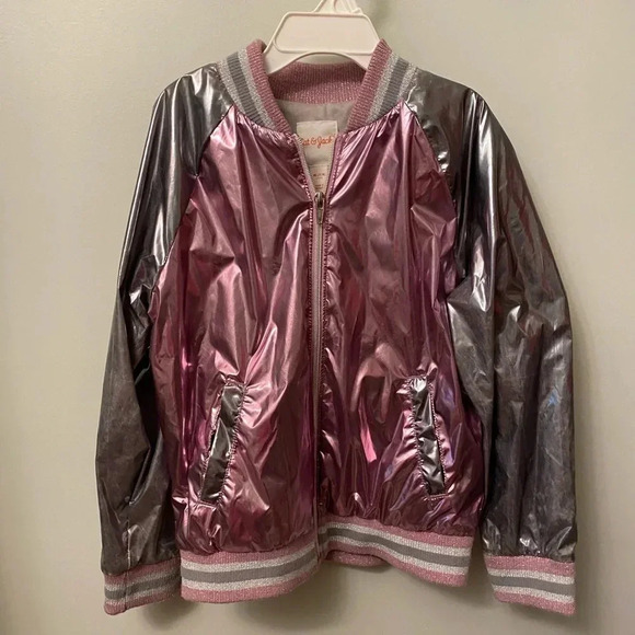 Cat & jack silver and pink shiny lightweight zip up jacket medium 7/8  ribbed - Picture 1 of 11